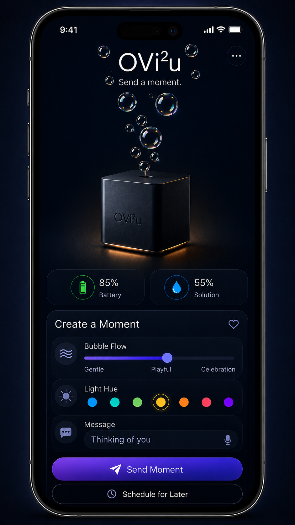 OVi²u companion app — Create a Moment screen showing bubble flow, light hue, and message controls